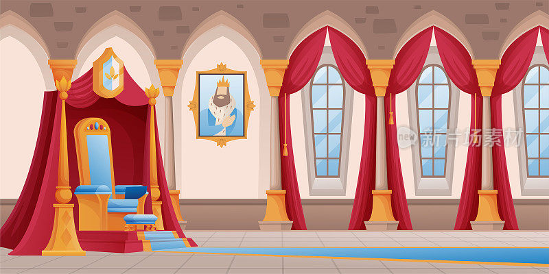 Castle room with throne background. Royal kingdom hall with carpet, seat, windows, curtains, picture of king in frame vector illustration. Interior design, horizontal view